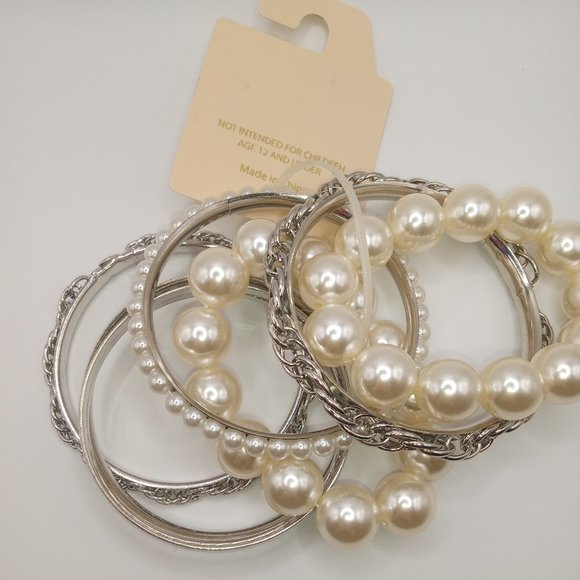 Cato Silver Tone Bangle and Faux Pearl Stretch Bracelets Set Of 8 NWT - Picture 5 of 11